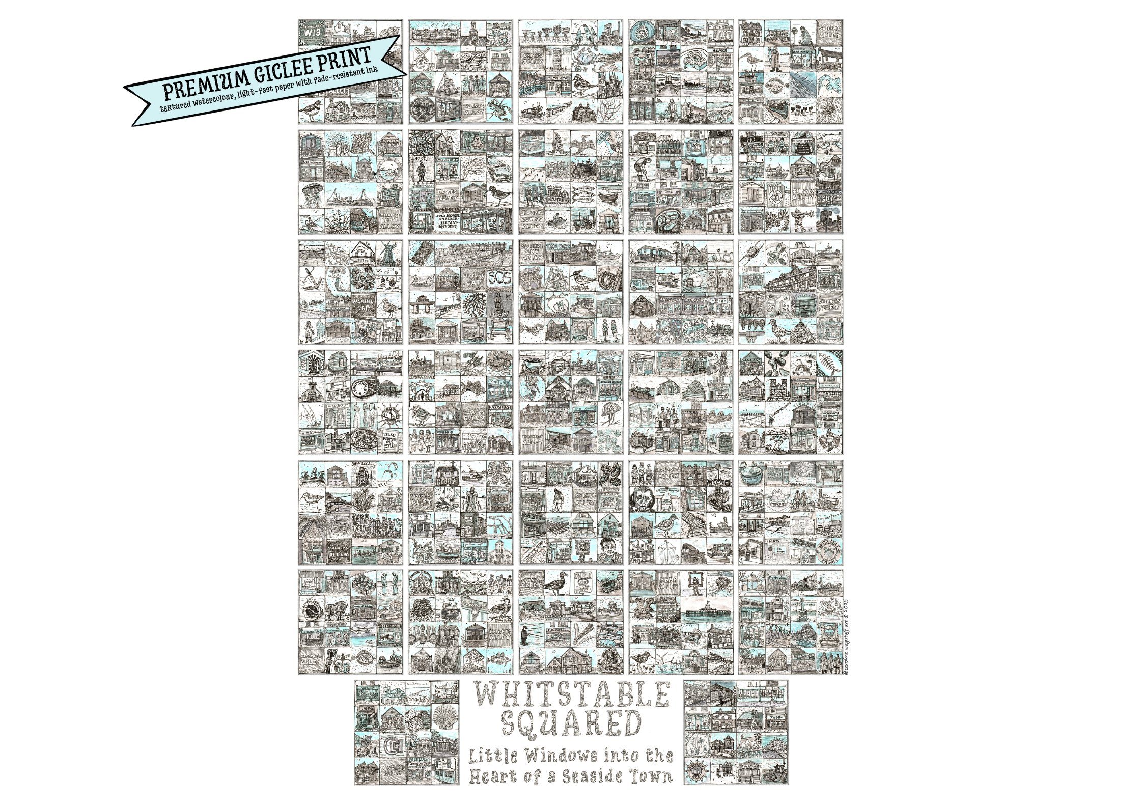 A2 portrait fine art print entitled 'Whitstable Squared' with black and white illustrations in squares and a 'Premium Giclee' flash on top left corner.